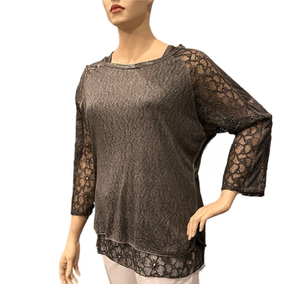 Flora Ashley Tunic & Tank Sz XL Chocolate Brown, Lace Roll-Tab Sleeves & Hem NWT - Picture 1 of 16
